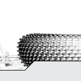 Modern museum building with a geometric facade featuring angular shapes and tessellated patterns made of glass and metal.
