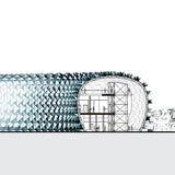 Modern museum building with a geometric facade featuring angular shapes and tessellated patterns made of glass and metal.