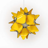 A yellow spherical lampshade with a geometric pattern, designed for pendant lighting.